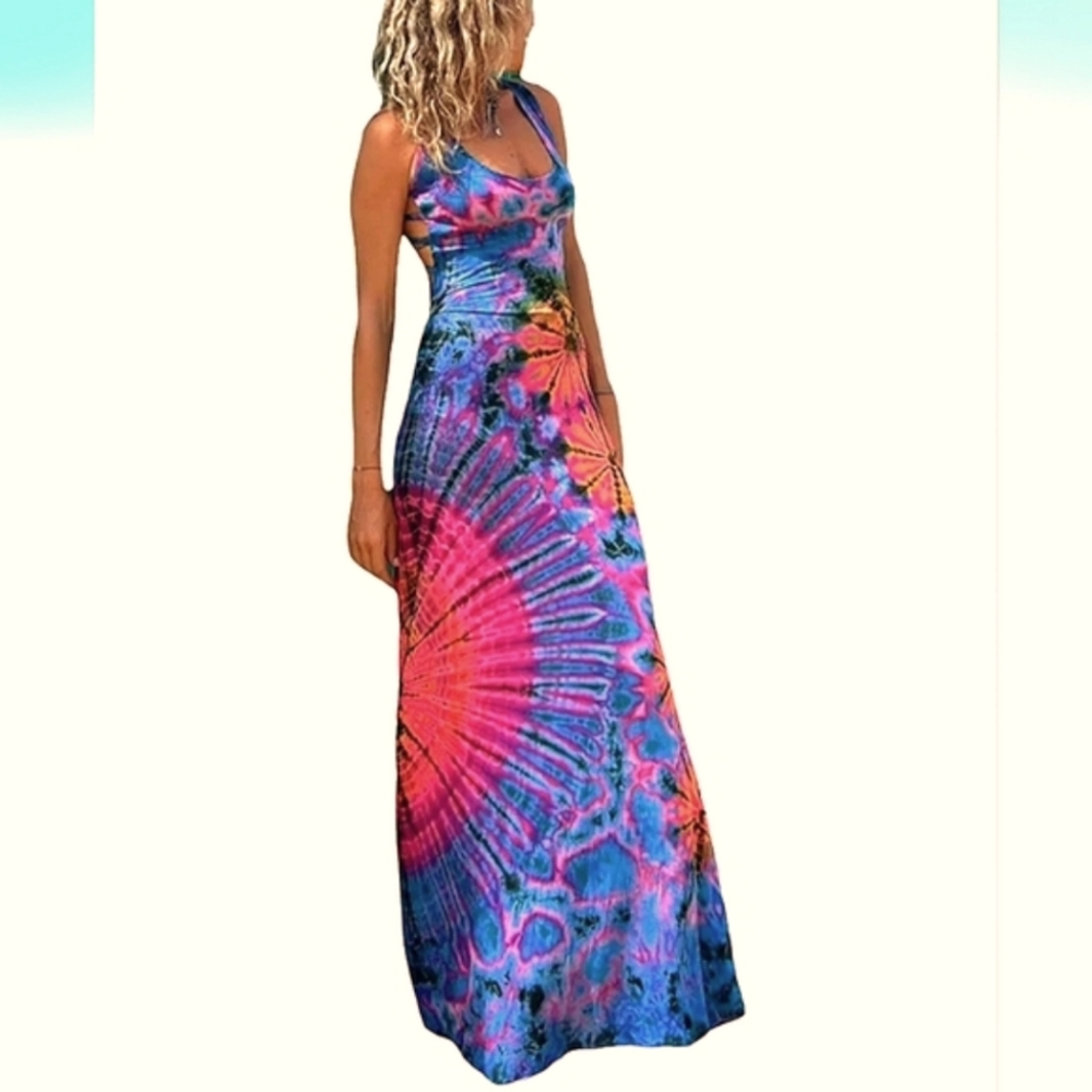 SHEIN Multicolor Tie-Dye Backless Maxi Dress (Pink, Blue, Purple, Orange)